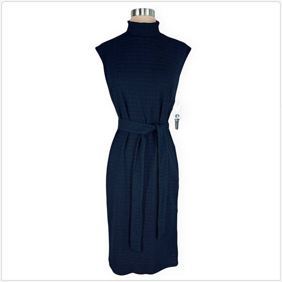 Maggy London Navy Mock Neck Crinkle Seersucker Knit Midi Dress NWT New 6P Petite - Picture 3 of 6